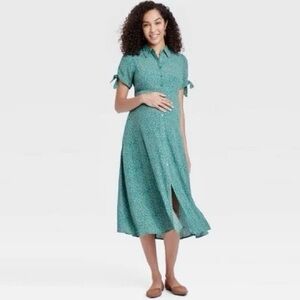 Nines by Hatch Teal Maternity Dress with Tie Sleeves Ditsy Floral